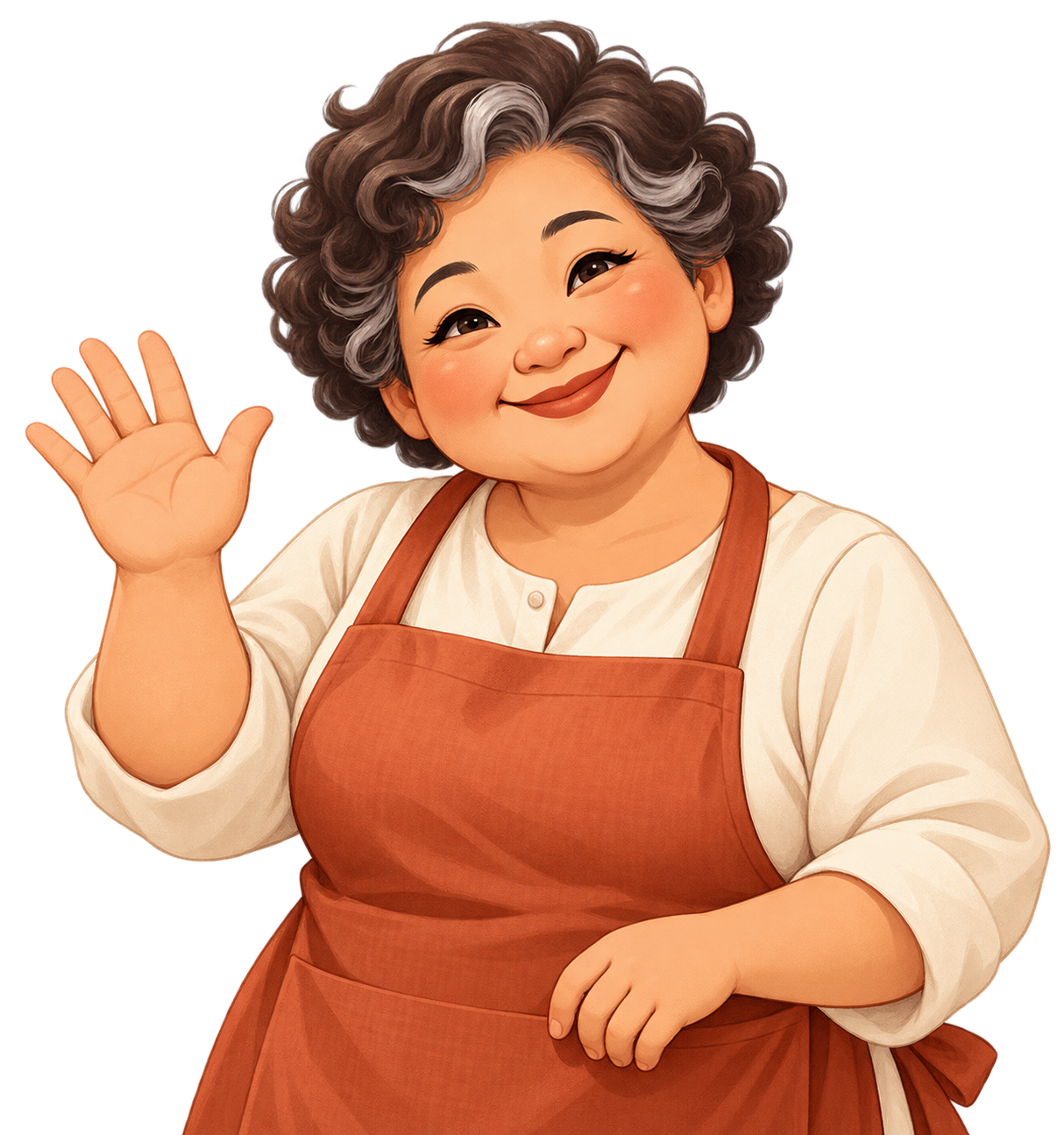 ป้าละมัยยิ้มและโบกมือต้อนรับเจ้าของร้าน